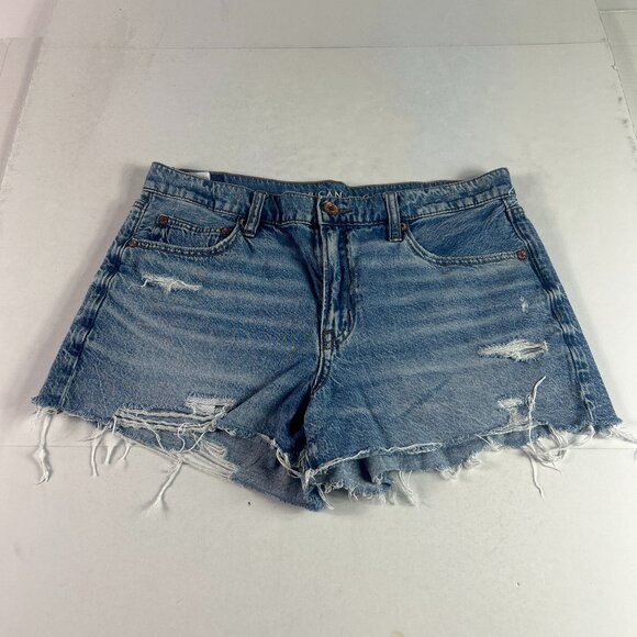 American Eagle Short Women 32* 90s Boyfriend Blue Cut Off Distressed Jorts Tag 8 - Picture 1 of 16
